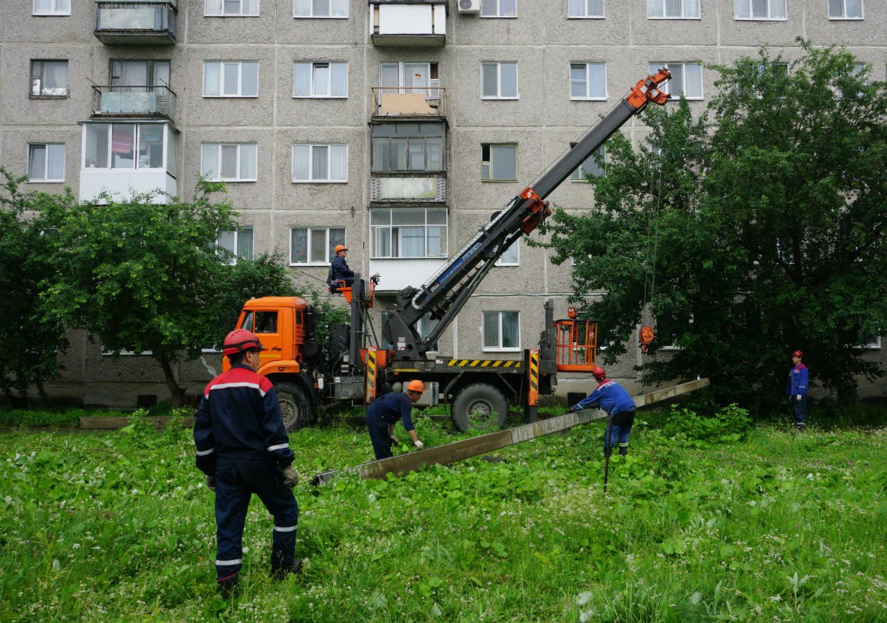 люди поставили в парке скамейки и деревья